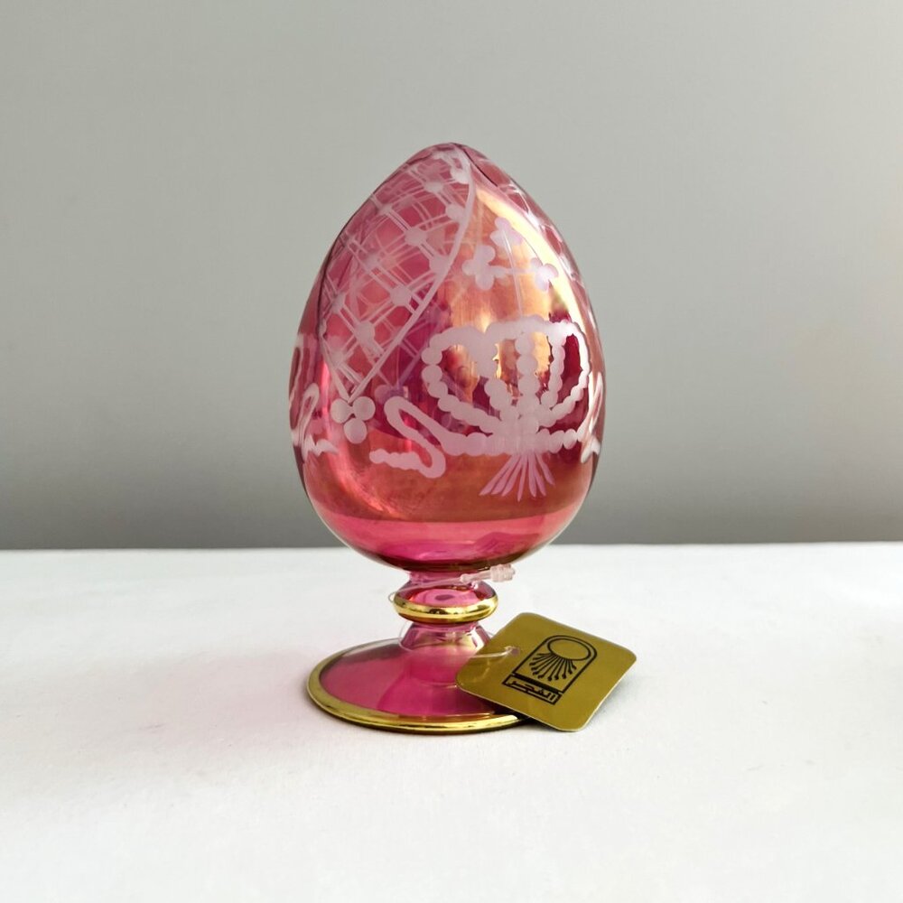 Hand Etched Egyptian Glass Egg - Cranberry Glass with Gold